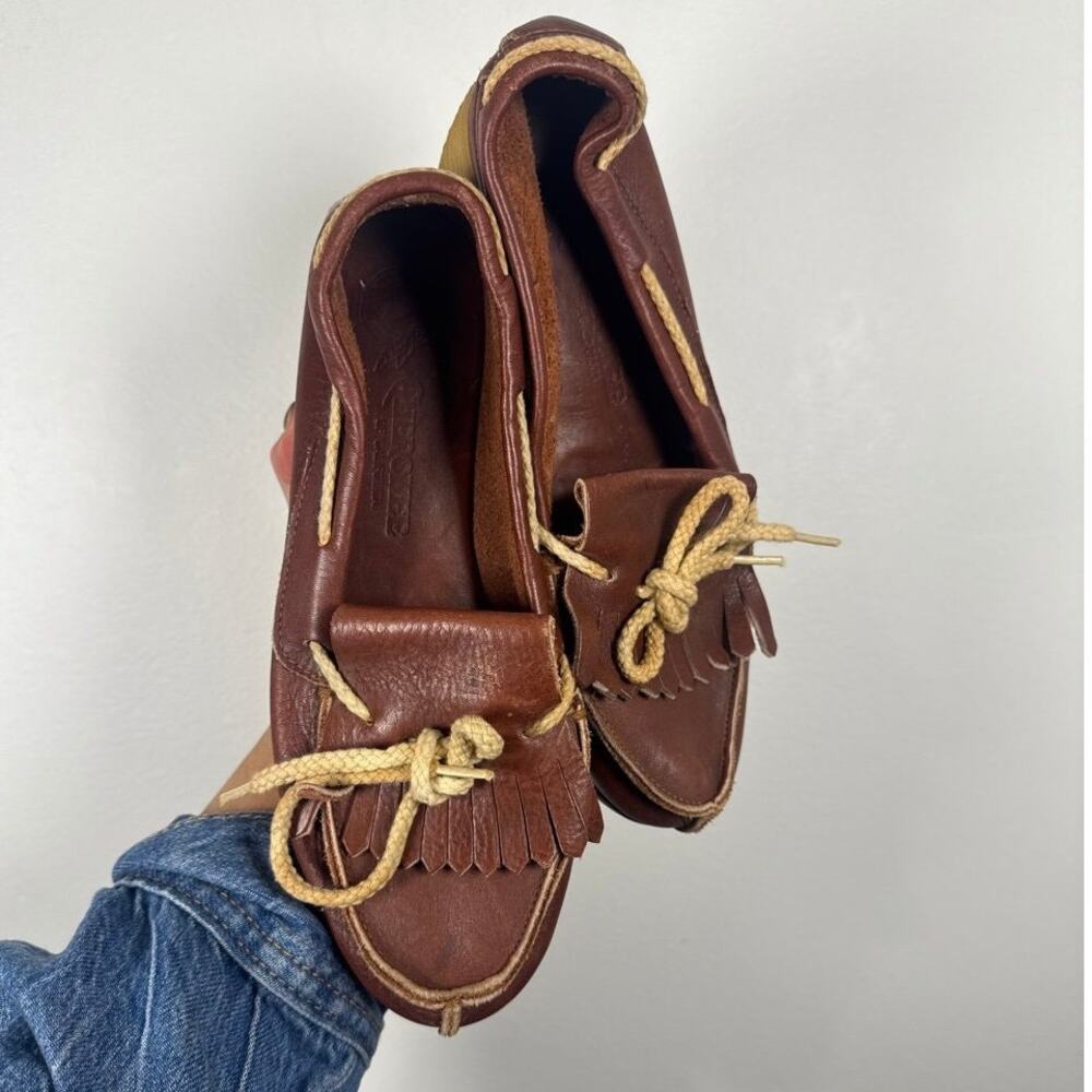 Cherokee Vintage Brown Leather Fringe Tassel Moccasin Wedge Loafers 7.5 - Picture 7 of 7